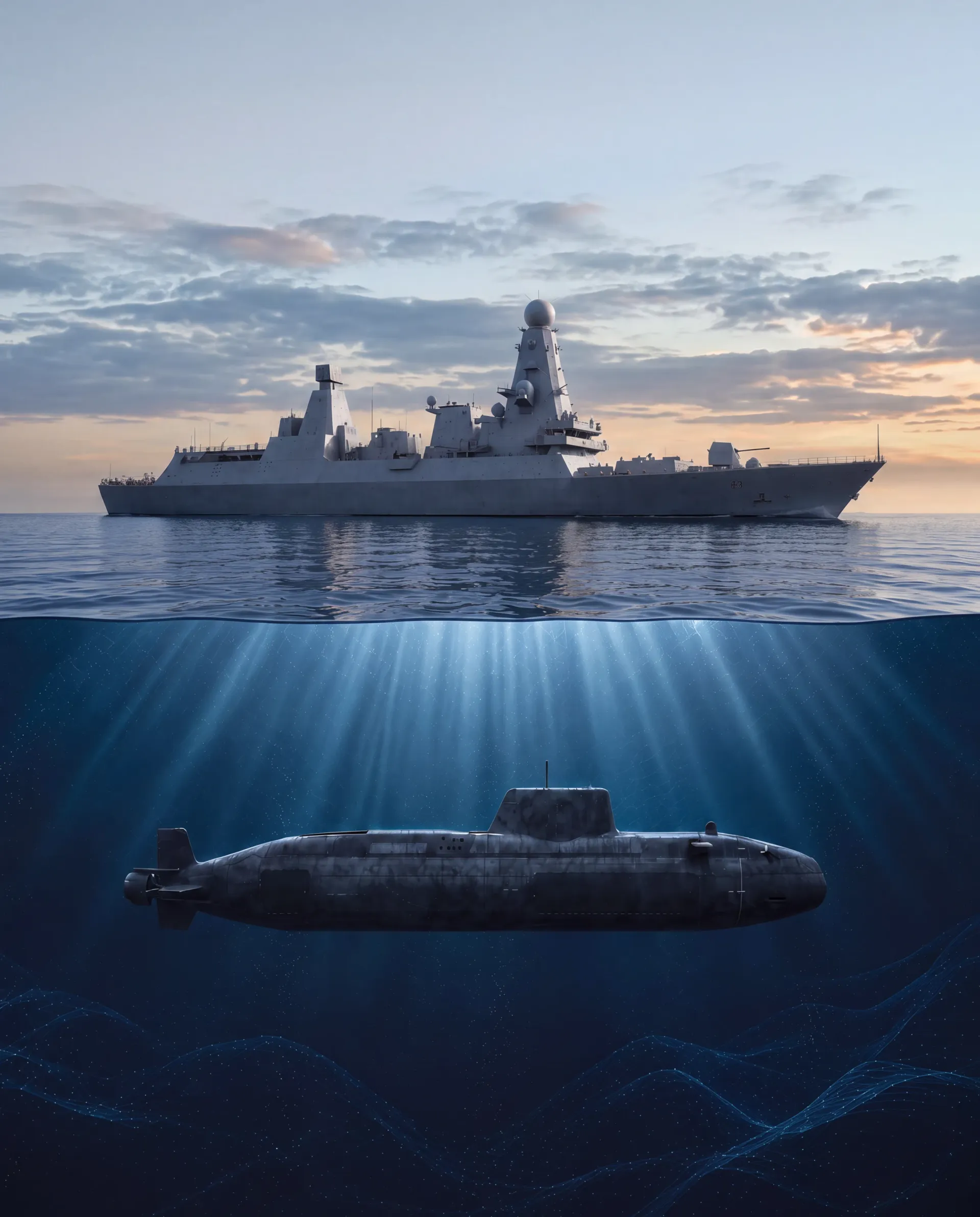A Royal Navy surface vessel above the waterline with a submarine running below it.